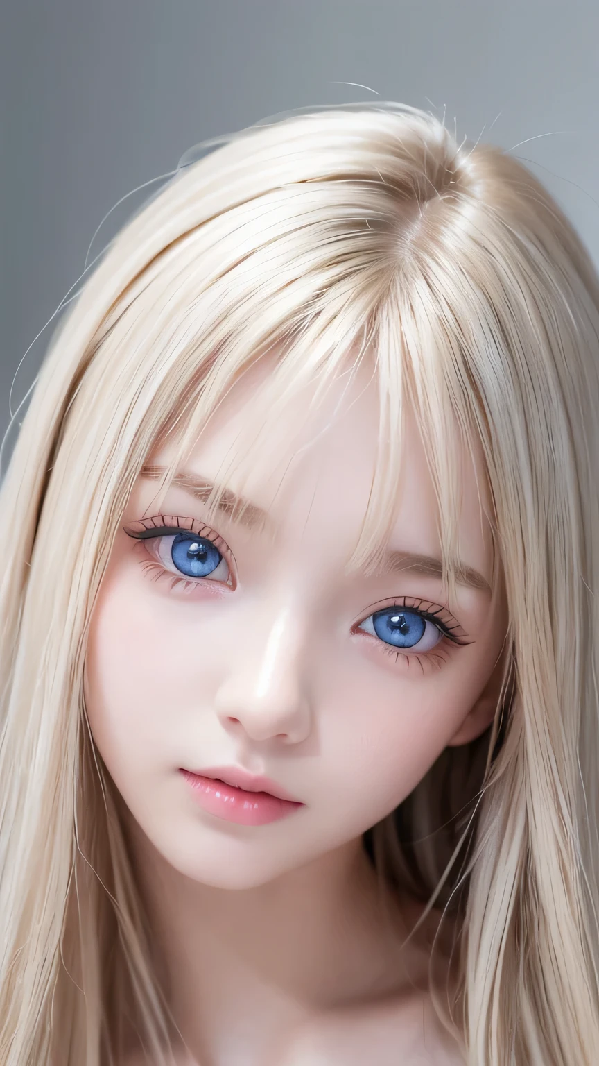 Highest quality、masterpiece、Ultra-high resolution、(Photorealistic:1.4)、1 Girl、、The ultimate beautiful girl、Very beautiful shiny light pale blonde hair、Super long straight silky hair、bangs over eyes、片bangs over eyes、Blonde hair between the eyes、Blonde hair in the center of the face、Very bright, pale blue eyes that shine beautifully、Very big bright eyes、Eye highlights、shoulder、Charm、Looking at the camera、Very white and bright skin、Small Face Beauty、Round face、A shy and cheerful expression、Looking up、Cheek gloss highlighter