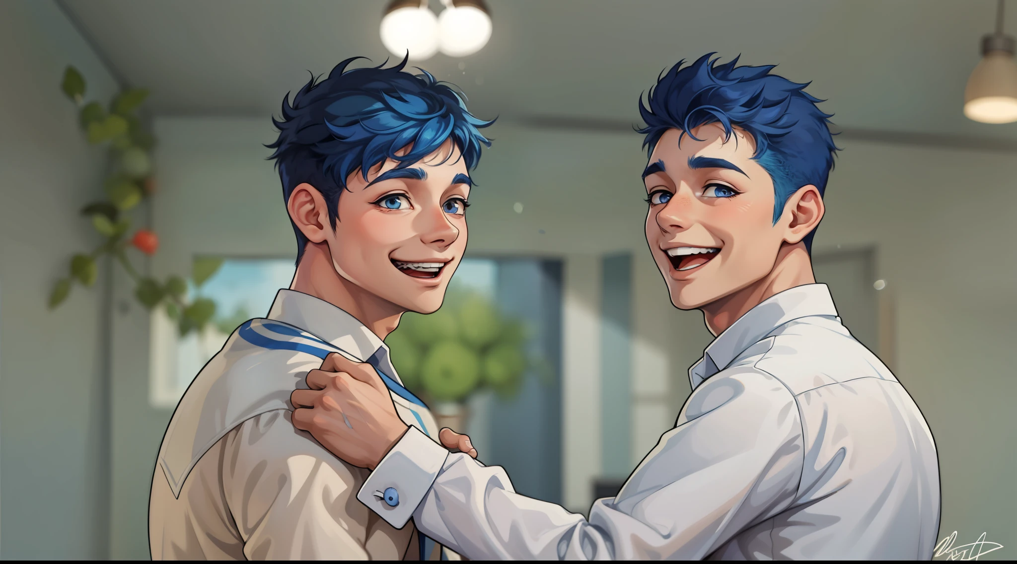 There are two boys with blue hair, they love each other, they smile with joy.