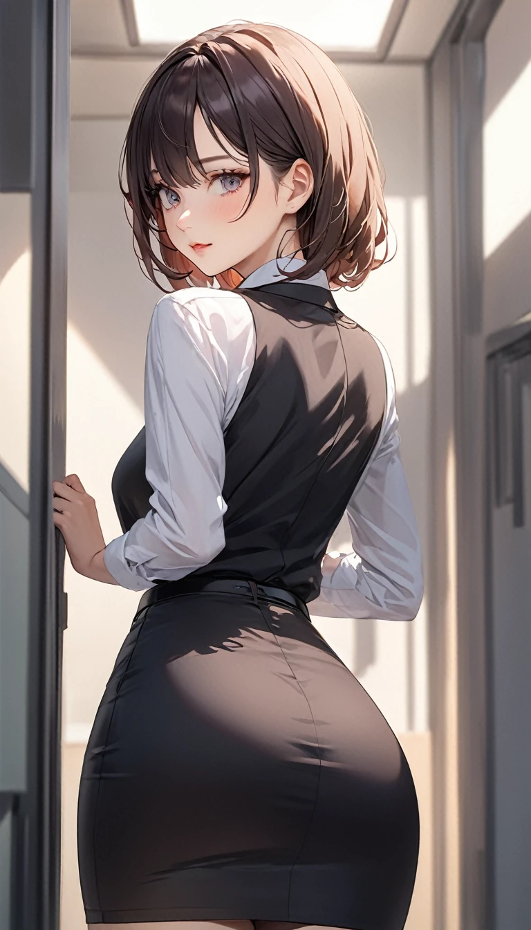 (((masterpiece))),(((High resolution)))、(((8K)))、(((perfect face)))、(((beauty of japan)))、30 years old、(((beautiful face))), (((office))), (((shirt))), ((pencil skirt)), ((tights)), embarrassed look, look at the camera, top quality eyes, detailed texture, look at the camera, all body, big , Married woman, cool women, (((high resolution eyes))), ((back)), ((ass))