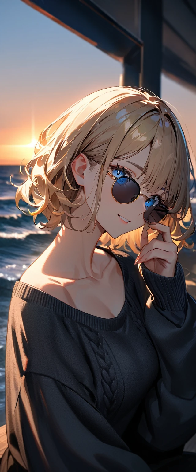 (((One girl))), (((portrait, face))), ((outward curled hair)), from side:1.3, sea, beach, Sunset, evening, ((Sitting on a cliff)), head tilt:1.3, ((aran sweater)), wavy hair, blond hair, ((sunglasses, hand to sunglasses)), (bob cut:1.3)), breasts, standard body, (looking at viewer), oversized clothes, puffy long sleeves, collarbone, ((off-shoulder sweater dress:1.3, Quite thick shoulder straps)), (((sleeves past wrists:1.3))), ((black sweater)), ager, head tilt:1.3, (((blue eye))), ((happy smile)), (((anime style))), (best quality, 4K, 8K, highres, masterpiece:1.2, ultra-detailed, ultra-detailed eyes, HDR, uhd, studio lighting, ultra-fine painting, sharp focus, physically-based rendering, extreme detail description, professional, vivid colors, bokeh), ((Highest quality, Best image quality, Ultra-high resolution, Ultra-high resolution, solo, Strong eye highlights)), Depth of written boundary, Natural soft light, attractive, Beautiful Face, Cleanliness, Pure Face, Nedium chest, Beautiful Face, Perfect Fingers, Perfect hands, Perfect body, Perfect Face, Shine a light into your eyes, Perfect Anatomy