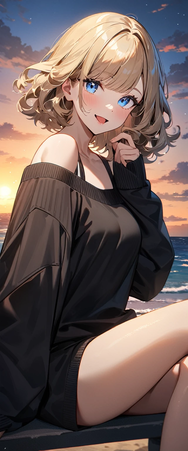 (((One girl))), (((portrait, face))), ((outward curled hair)), from side:1.3, sea, beach, evening, Sunset, ((Sitting on a cliff)), (((Bare legs))), wavy hair, blond hair, open mouth, tongue out, ((sunglasses, hand to sunglasses)), (bob cut:1.3)), breasts, standard body, (looking at viewer), oversized clothes, puffy long sleeves, collarbone, ((off-shoulder sweater dress:1.3, Quite thick shoulder straps)), (((sleeves past wrists:1.3))), ((black sweater)), teenager, head tilt:1.3, (((blue eye))), ((happy smile)), (((anime style))), (best quality, 4K, 8K, highres, masterpiece:1.2, ultra-detailed, ultra-detailed eyes, HDR, uhd, studio lighting, ultra-fine painting, sharp focus, physically-based rendering, extreme detail description, professional, vivid colors, bokeh), ((Highest quality, Best image quality, Ultra-high resolution, Ultra-high resolution, solo, Strong eye highlights)), Depth of written boundary, Natural soft light, attractive, Beautiful Face, Cleanliness, Pure Face, medium chest, Beautiful Face, Perfect Fingers, Perfect hands, Perfect body, Perfect Face, Shine a light into your eyes, Perfect Anatomy