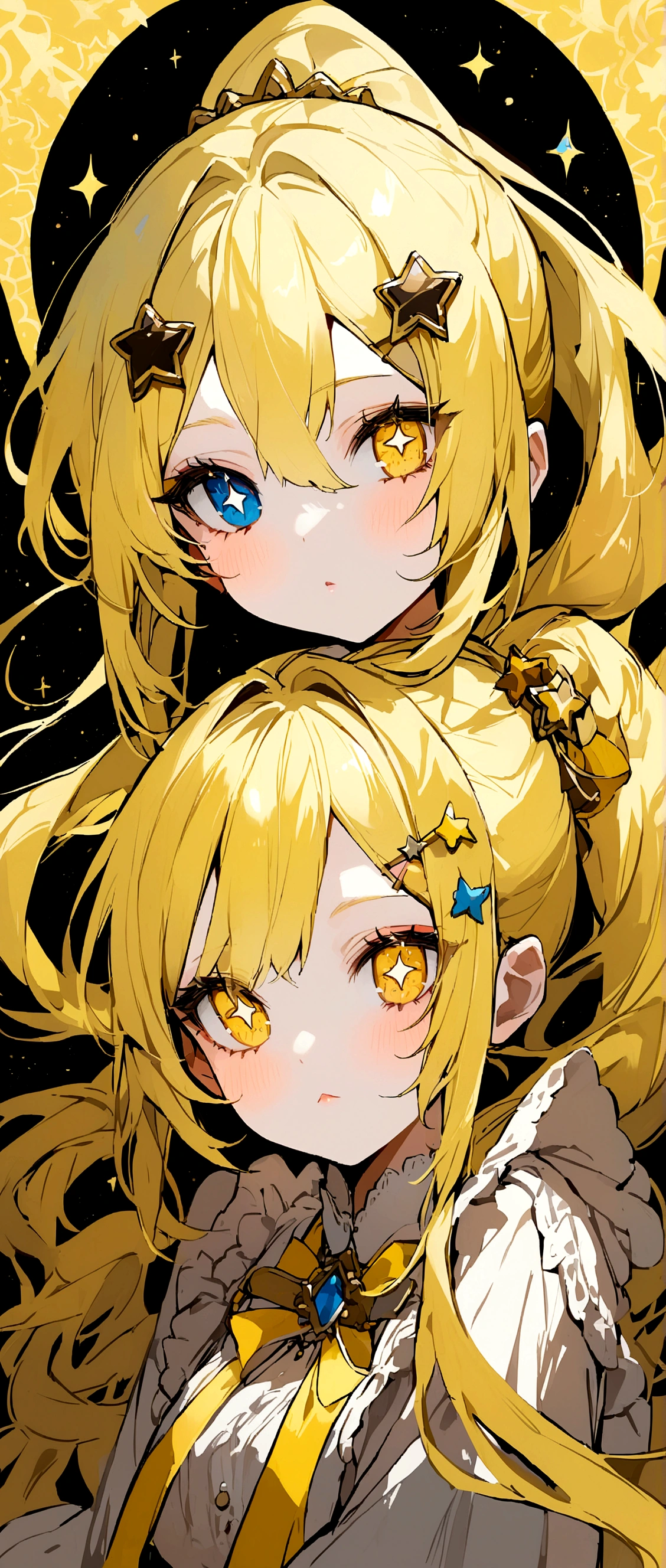 Yellow Hair、Ponytail on the right、Cat ear、Right eye is blue、Left eye is yellow、Odd Eye、Stars in the eyes、Double Peace、Star hair ornament、Girl