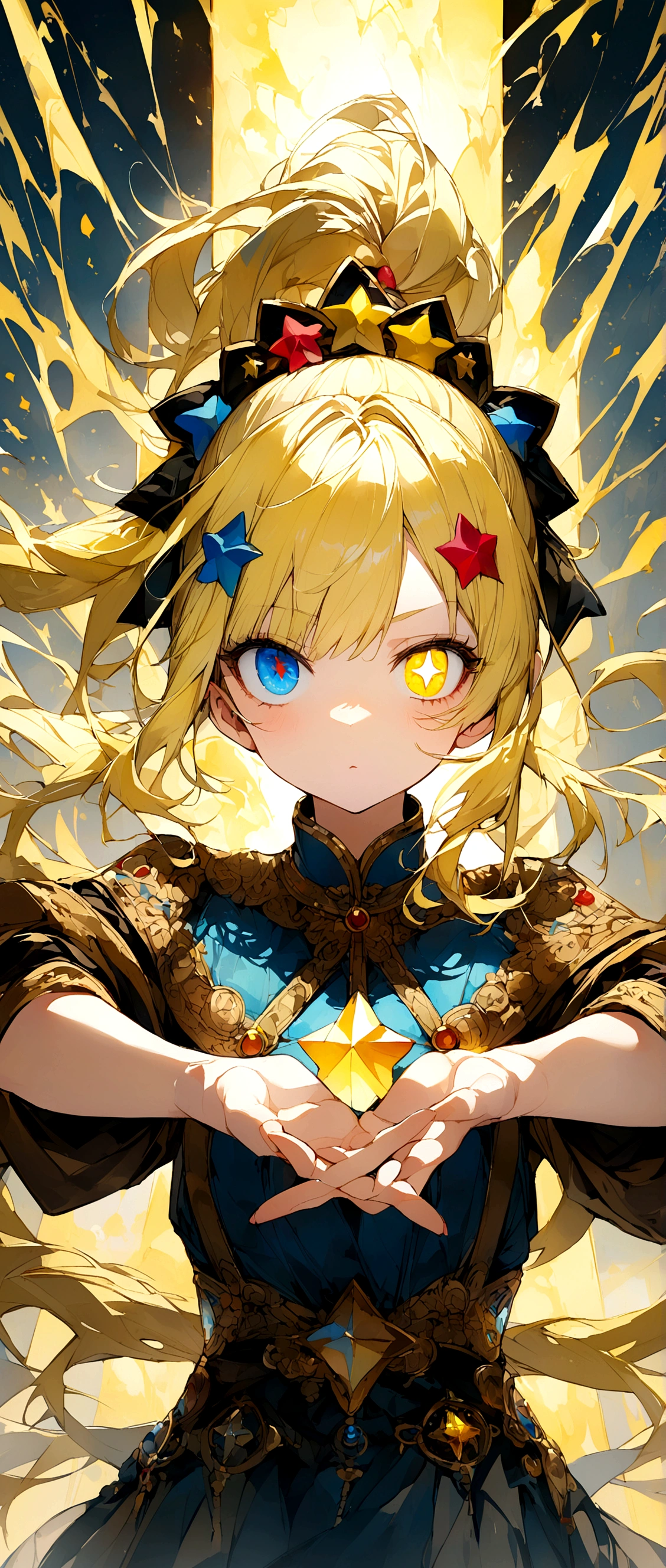 Yellow Hair、Ponytail on the right、Cat ear、Right eye is blue、Left eye is yellow、Odd Eye、Stars in the eyes、Double Peace、Star hair ornament、Girl