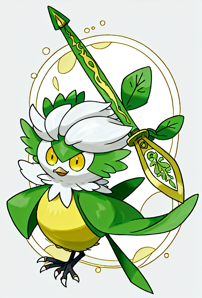 Cute little bird，Yellow body，Red Mouth，Simple Background，Cute expression、Real、Shining green onion、Holding a leek sword in his hand、Fantasy、