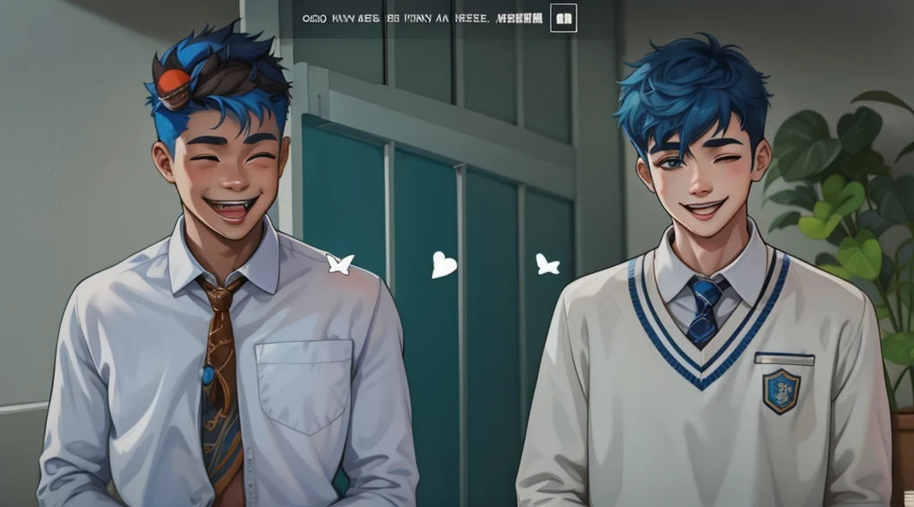 There are two 17-year-old boys with blue hair who love each other and smile with joy.
