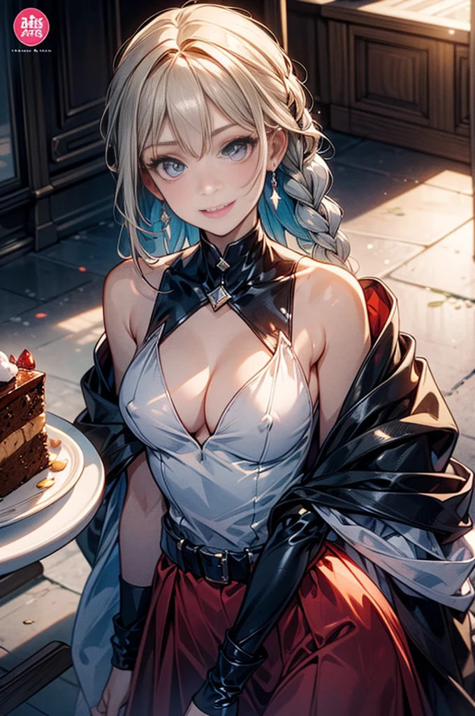 (small breasts:1.2), (perky chest:1.2), (pointed chest:1.2), (Pudding cake magazine cover:1.3),(from above:1.0),(fromside:0.9),masterpiece, 1girl, Amazing Cleavage:1.1, thin waist, optimum,tmasterpiece,hight resolution,best qualtiy,hyper HD,super detailing,awardwinning,16 K,solo,(The upper part of the body),anatomy correct,Beautiful cyberpunk girl,Cowboy Shot,cute face,a blond,Longhaire,Twin-tailed,Braids, Hairline,(scarlet eyes),long eyelasher,Hanging eye corners,White skin of the,shoot from the side, ((see through camisole:0.1)), ((Sheer nipples:1.0)),Rocket Tits,(Slim body),smile,seductive weak smiling,(with sparkling eyes and a contagious smile),open mouth, Looking at Viewer,