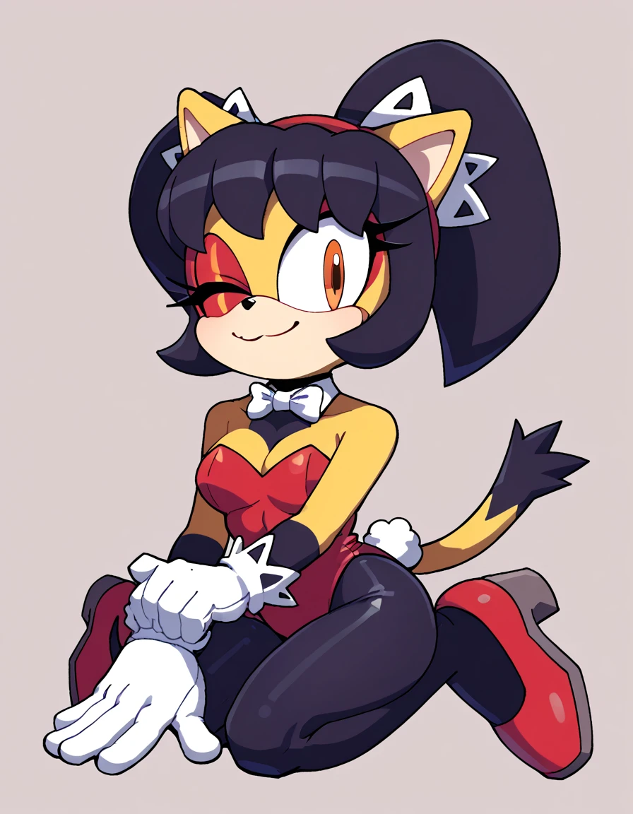 score_9, score_8_up, score_7_up, score_6_up, masterpiece, best quality, honey the cat, 1girl, solo, looking at viewer, smile, simple background, gloves, bare shoulders, closed mouth, tail, full body, one eye closed, white gloves, high heels, leotard, bare legs, kneeling, strapless, red makeup, highleg, playboy bunny, happy, red footwear, white bowtie, furry, highleg leotard, eyeshadow, strapless leotard, orange eyes, furry female, sonic the hedgehog \(series\)