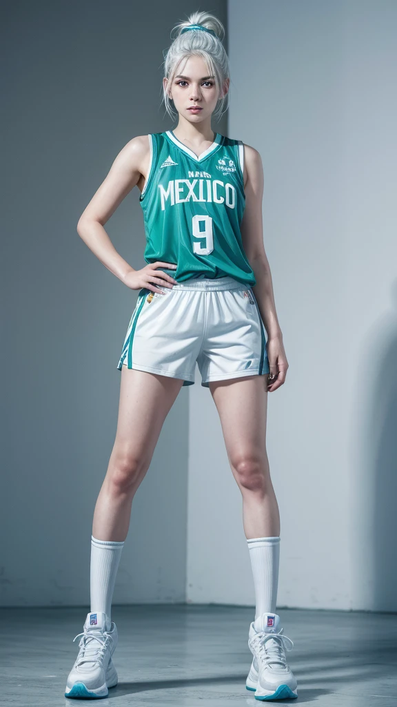 Female teenager with white hair up blue eyes and white skin wearing MEXICO NBA uniform full body