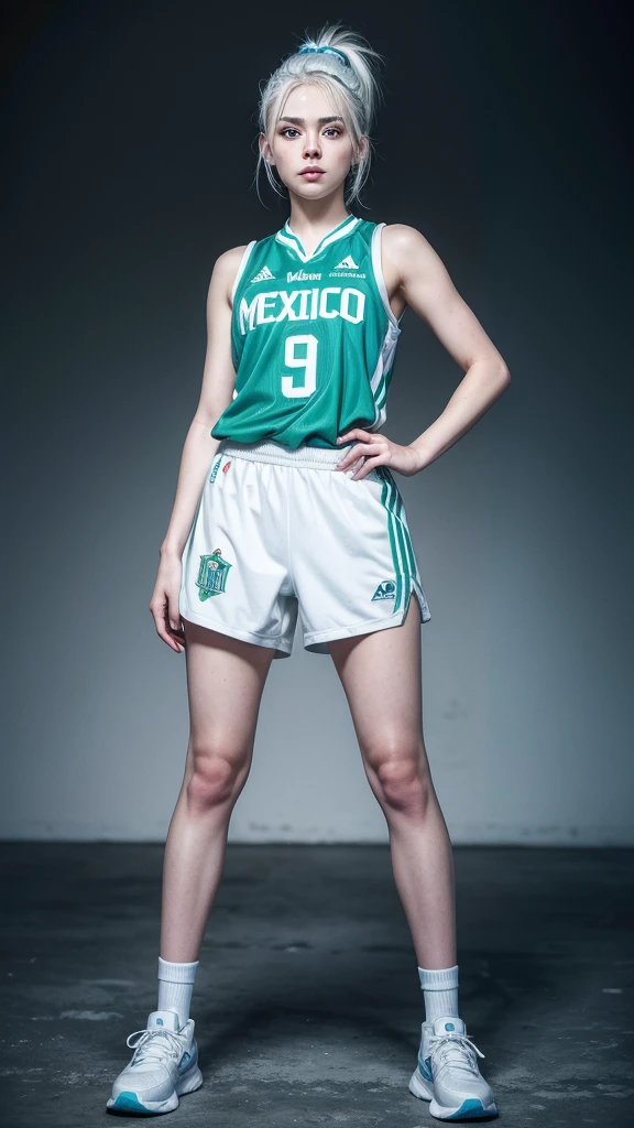 Female teenager with white hair up blue eyes and white skin wearing MEXICO NBA uniform full body 