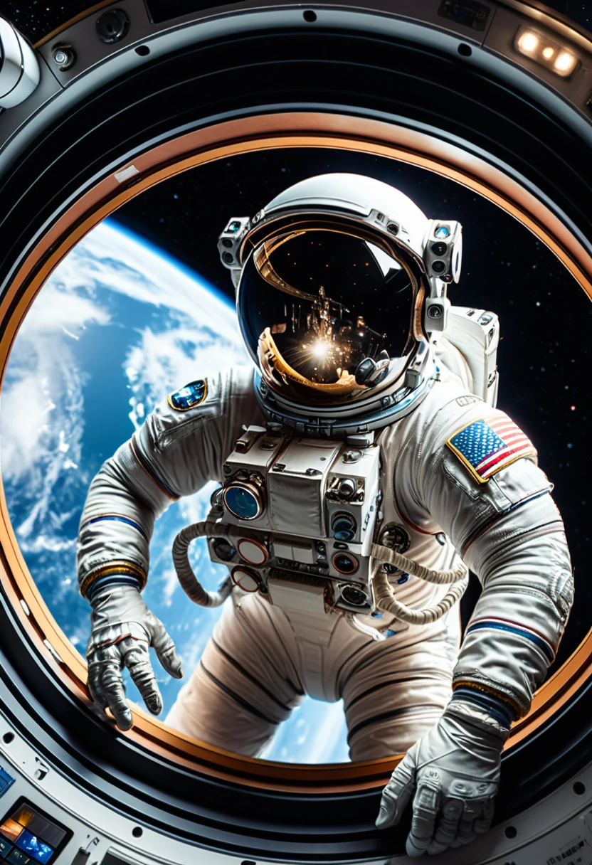 (Astronaut), Astronaut observe distant galaxies at the observatory inside the space station, using advanced telescopes with a background of pitch black deep space, full body, (Photography), panoramic view, award-winning, cinematic still, emotional, vignette, dynamic, vivid, (masterpiece, best quality, Professional, perfect composition, very aesthetic, absurdres, ultra-detailed, intricate details:1.3)