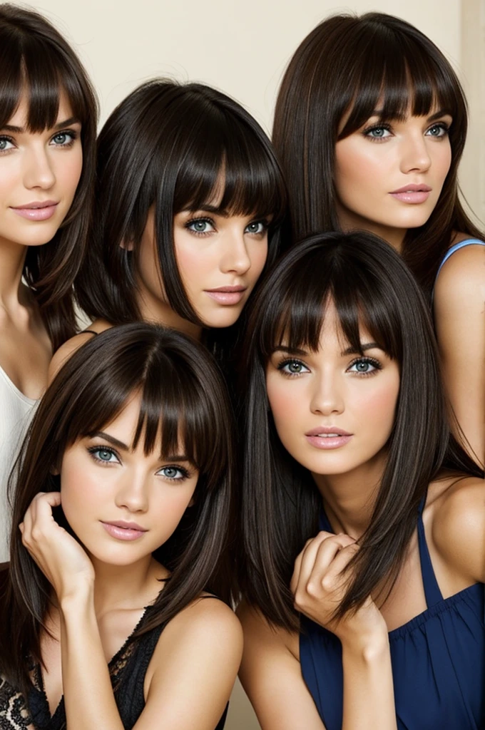 Two friends with bangs, one with short hair and the other with long hair, one brunette and one brunette.
