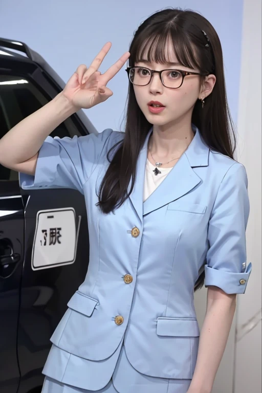 Highest quality、masterpiece、High sensitivity、High resolution、Detailed Description、Slender women、Slim Body、Glasses、Hold the microphone in one hand、Get on the campaign car、Give an election speech、Serious face、Election Candidates、Sash、