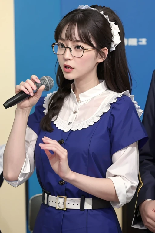 Highest quality、masterpiece、High sensitivity、High resolution、Detailed Description、Slender women、Slim Body、Glasses、Hold the microphone in one hand、Get on the campaign car、Give an election speech、Serious face、Election Candidates、Sash、