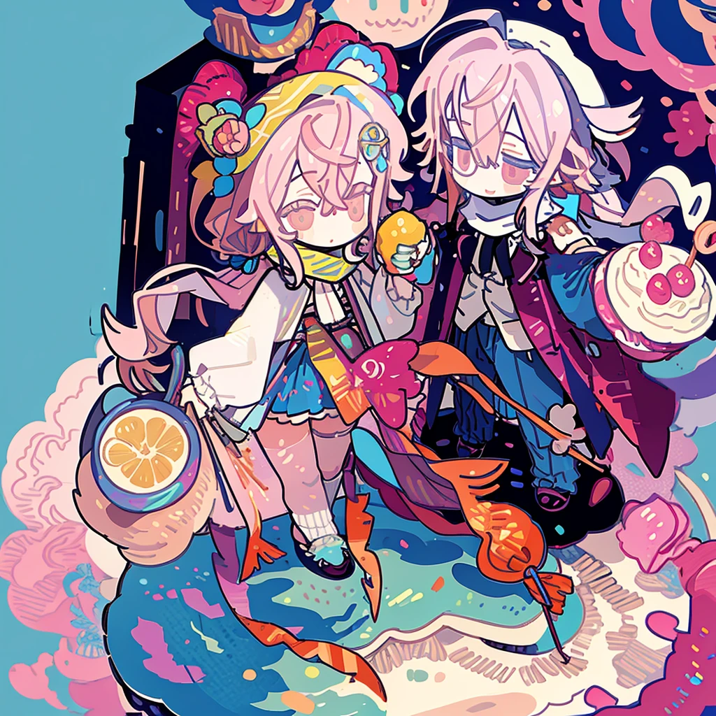 A girl,(Standing picture),(whole body),Character Design,Long hair,Fashion Design,Complex headdress,Complex clothes,cute,scarf,Everyday wear,Pink Hair,peach,lemon,bubble,(Dessert),(cake)