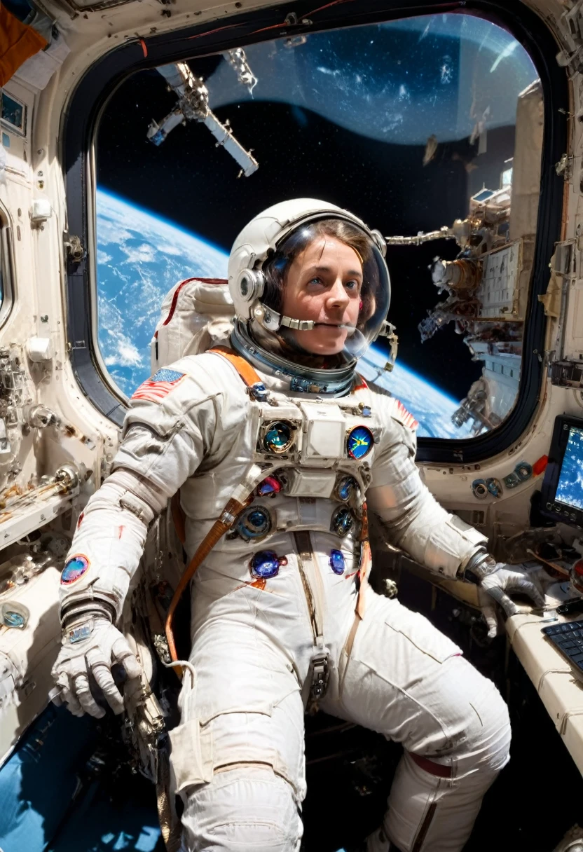 (Astronaut), Astronaut use computer camera to narrate space life in video format, with the background of the space station room and the universe outside the window, full body, (Photography), panoramic view, award-winning, cinematic still, emotional, vignette, dynamic, vivid, (masterpiece, best quality, Professional, perfect composition, very aesthetic, absurdres, ultra-detailed, intricate details:1.3)