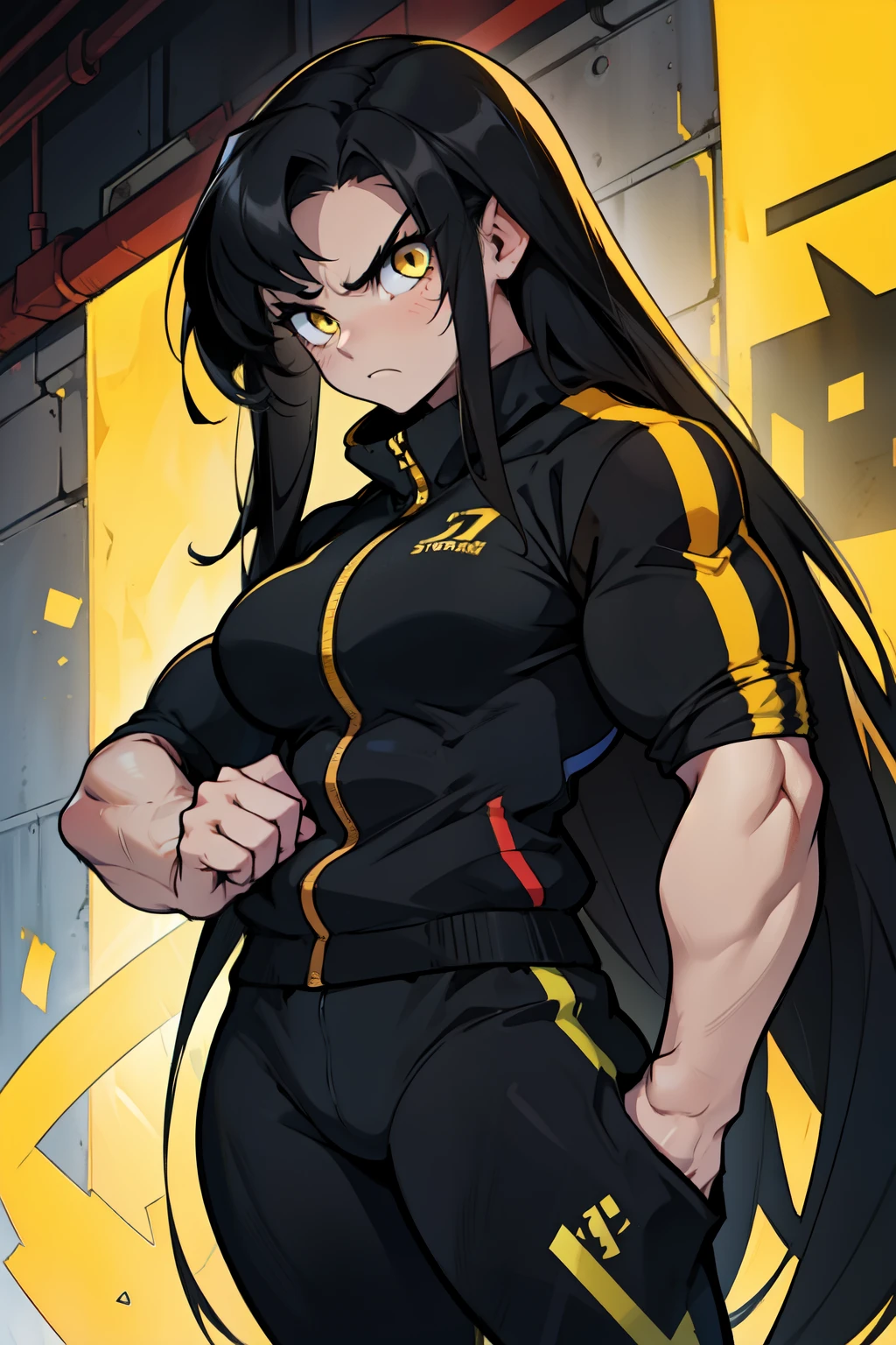 angry ((((1girl)))) (((bodybuilder))) pale skin black hair very long hair yellow eyes