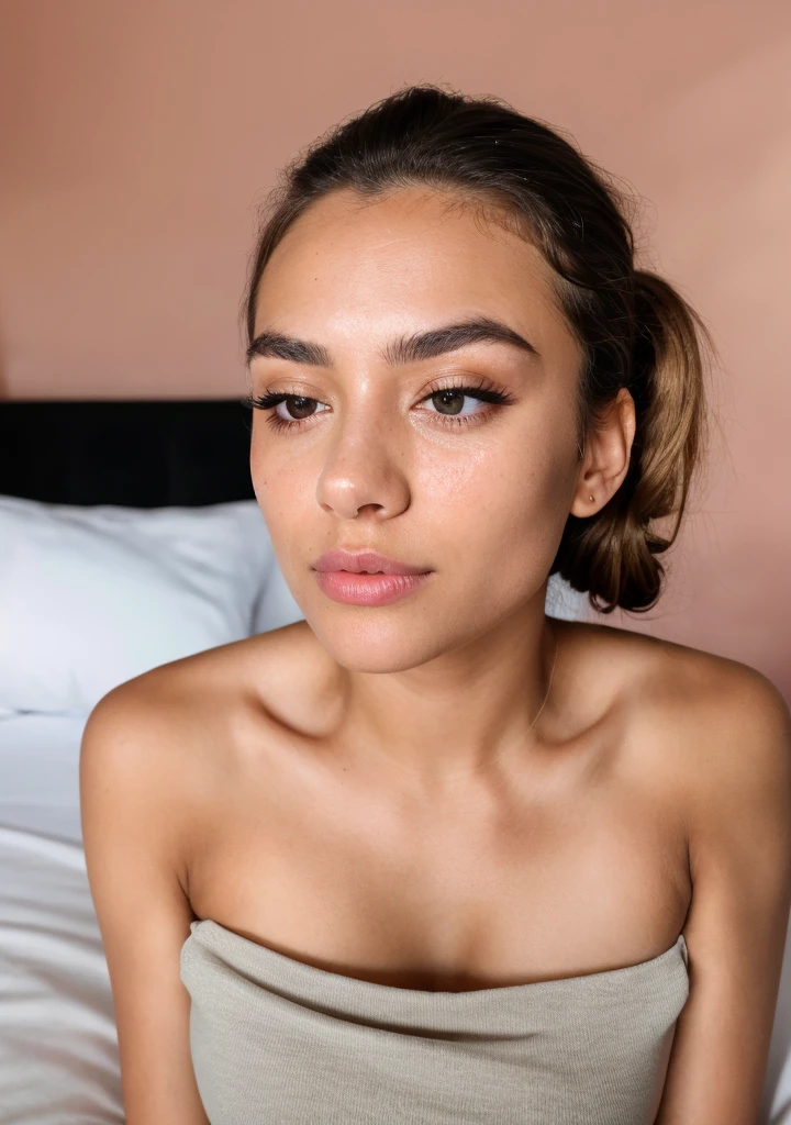 masterpiece, best quality, ultra-detailed, ultra high res, (photorealistic:1.4), raw photo, (realistic:0.2), 8k HDR, realistic lighting, 1girl, solo,no looking at viewer, face down, asymmetrical hair, (detailed oily skin), black eyes, (detailed face), (simple bedroom background :1.1), (upper body:1.4), , hands behind the head, hands tied with handcuffs. undress, sleeveless,,xxmix_girl,natural,alta resolución:1.2,1 girl perfect body, She has a 20-centimeter cucumber between her lips, lips half-open, eyes closed, fine eyelashes, knees and elbows resting on the bed, hair tied up."