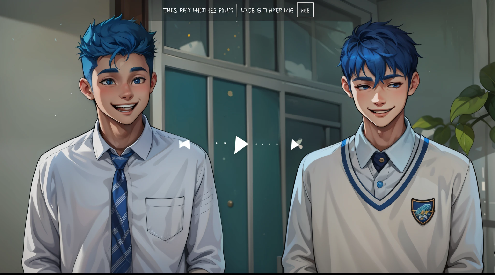 There are two 17-year-old boys with blue hair who love each other and smile with joy.