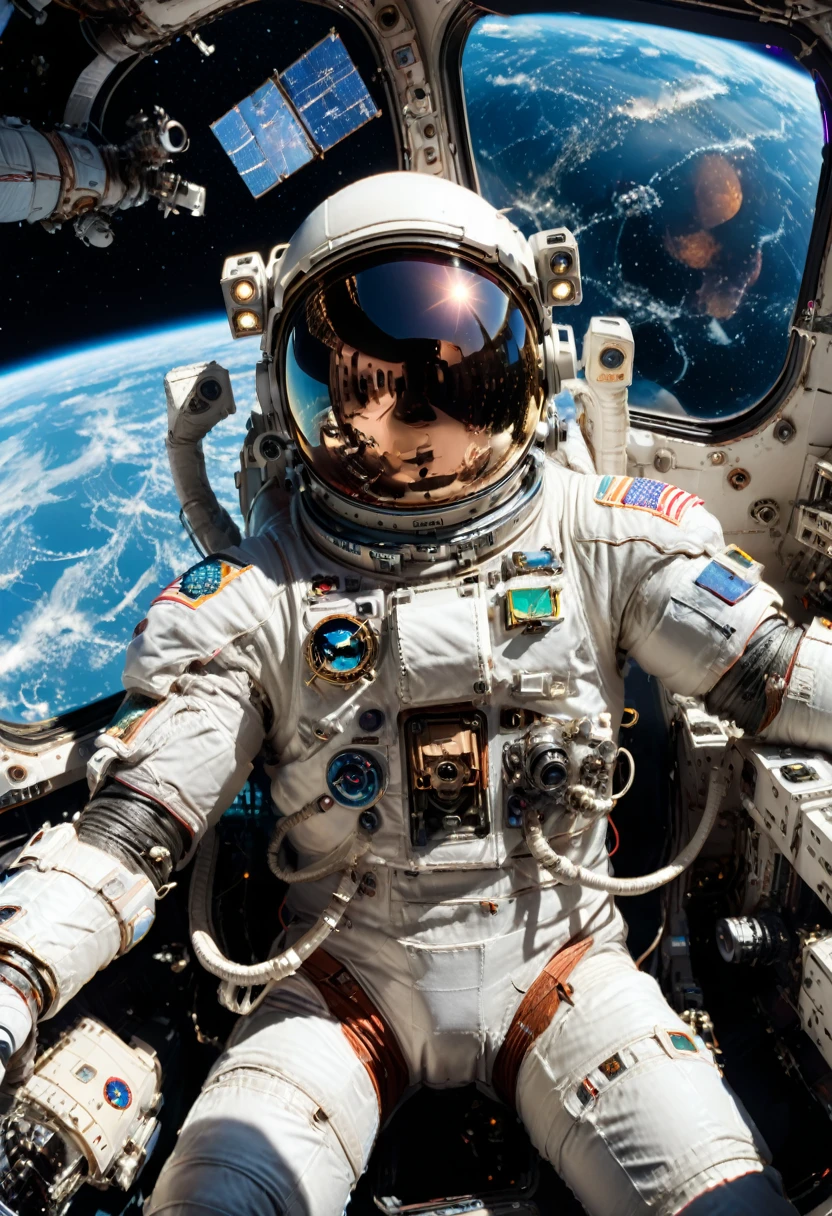 (Astronaut), Astronaut use computer camera to narrate space life in video format, with the background of the space station room and the universe outside the window, full body, (Photography), panoramic view, award-winning, cinematic still, emotional, vignette, dynamic, vivid, (masterpiece, best quality, Professional, perfect composition, very aesthetic, absurdres, ultra-detailed, intricate details:1.3)