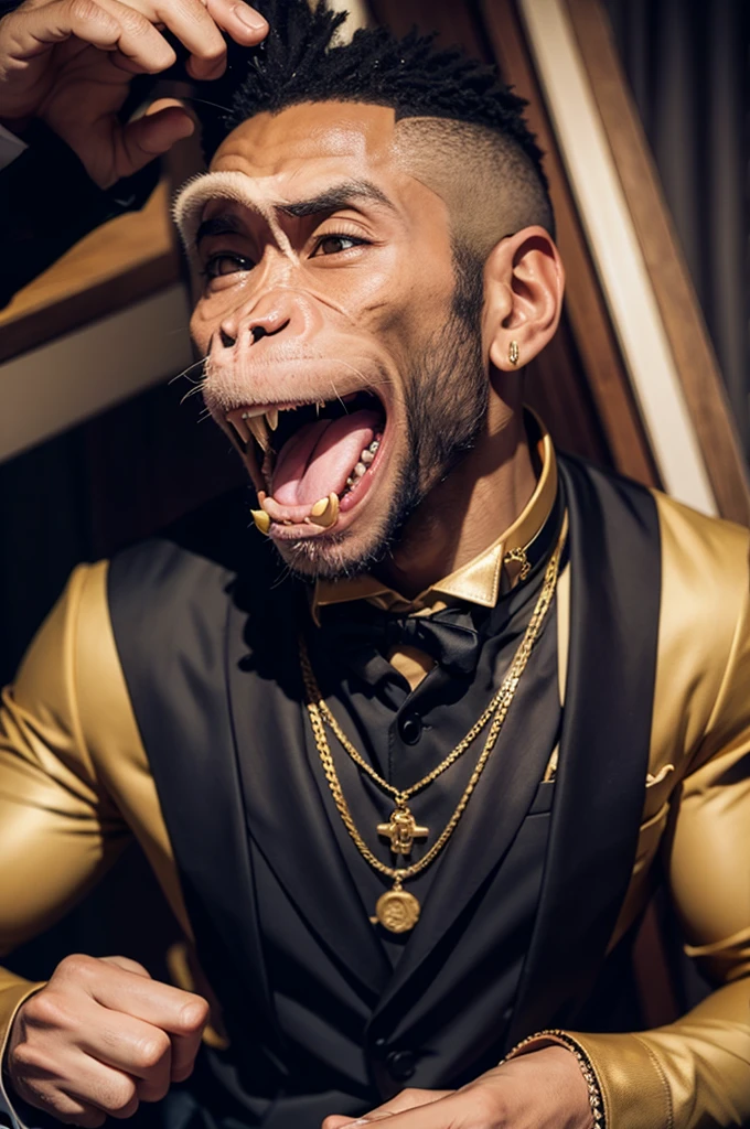 MONKEY IN A SUIT WITH A LOT OF MONEY AND PUMPED WITH GOLD TEETH