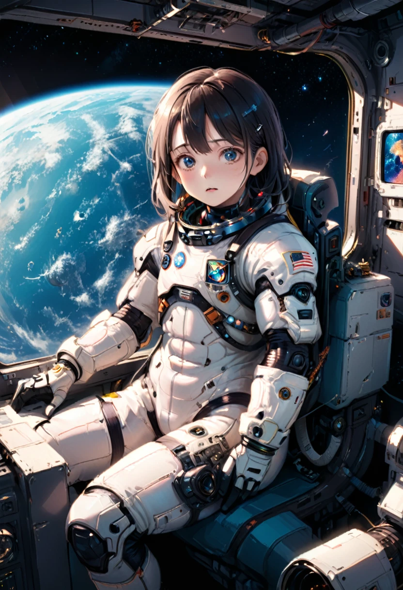 (Astronaut), Astronaut use computer camera to narrate space life in video format, with the background of the space station room and the universe outside the window, full body, (Photography), panoramic view, award-winning, cinematic still, emotional, vignette, dynamic, vivid, (masterpiece, best quality, Professional, perfect composition, very aesthetic, absurdres, ultra-detailed, intricate details:1.3)