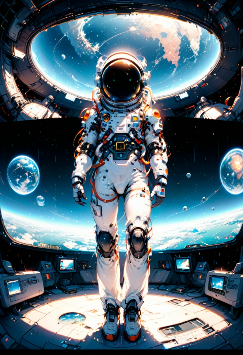 (Astronaut), Astronaut observe distant galaxies at the observatory inside the space station, using advanced telescopes with a background of pitch black deep space, full body, (Photography), panoramic view, award-winning, cinematic still, emotional, vignette, dynamic, vivid, (masterpiece, best quality, Professional, perfect composition, very aesthetic, absurdres, ultra-detailed, intricate details:1.3)