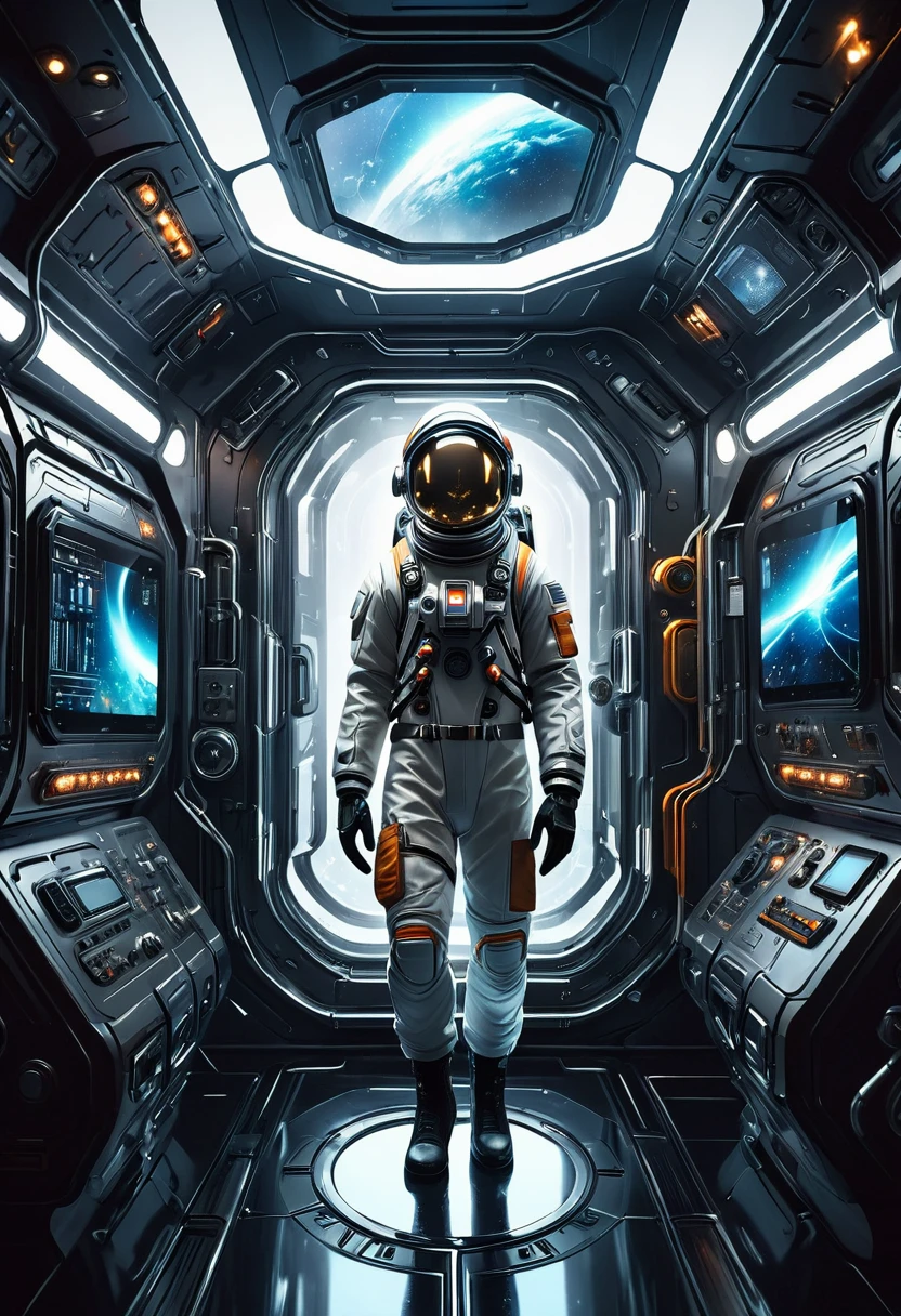 a futuristic astronaut in a space capsule, Control panel, high-tech interior, metal and glass materials, atmospheric lighting, dramatic cinematic composition, intricate details, photorealistic, concept art style,(float。Suspension。weightlessness。)