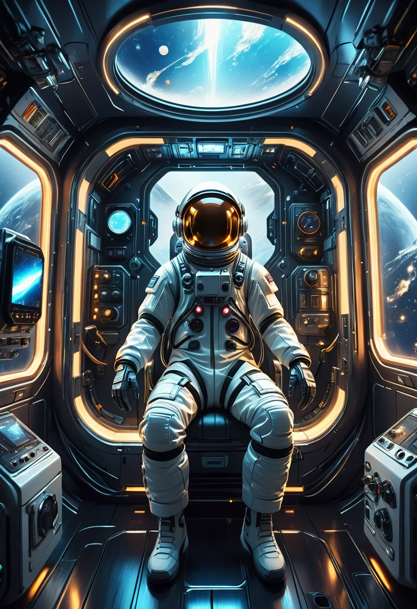 a futuristic astronaut in a space capsule, Control panel, high-tech interior, metal and glass materials, atmospheric lighting, dramatic cinematic composition, intricate details, photorealistic, concept art style,(float。Suspension。weightlessness。)