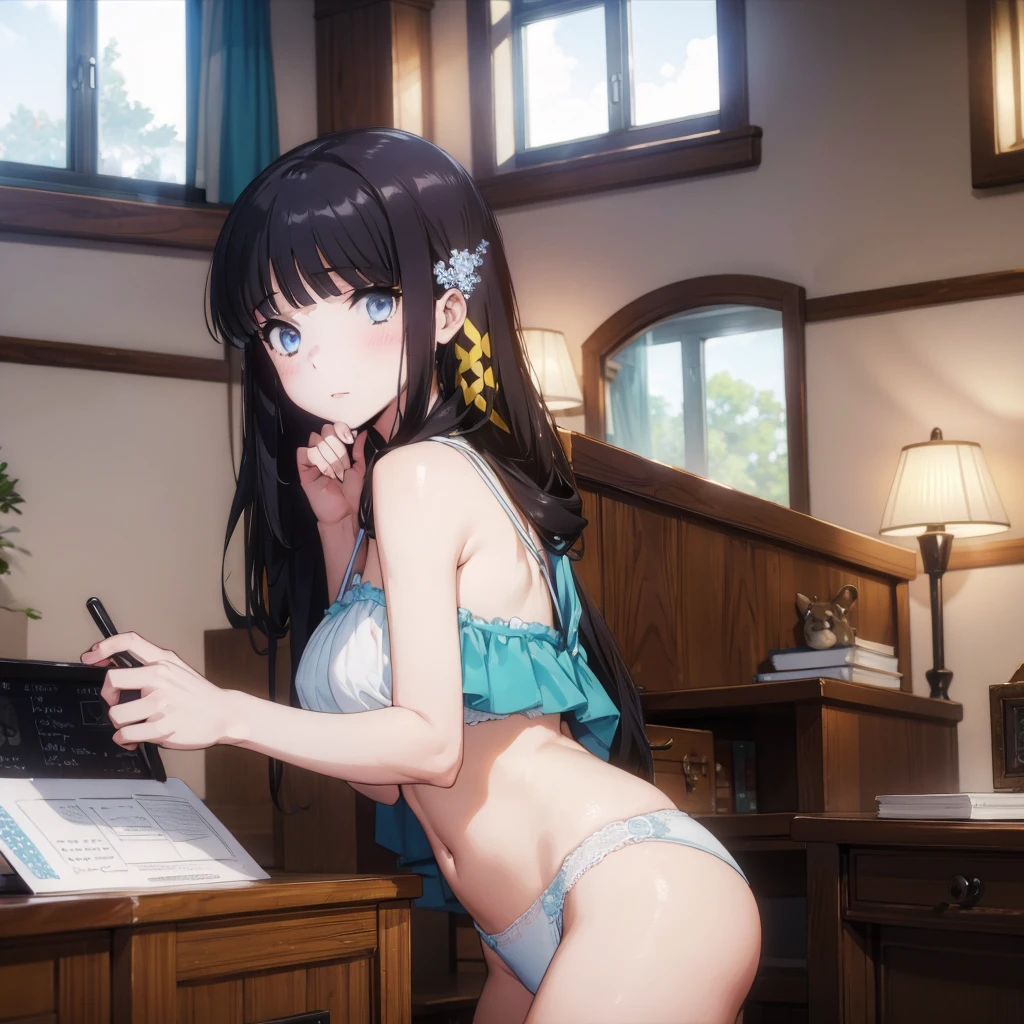 ((masterpiece,best quality)),(1girl, solo:1.4),detailed eyes,
bedroom, window,
underwear,
blush,
underboob,