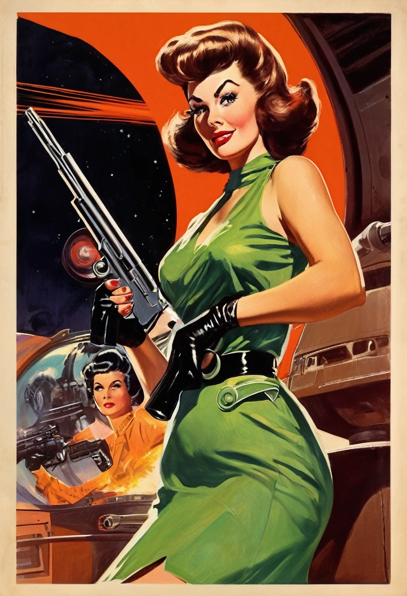 Image of a woman in her 50s wearing a dress and holding a gun, 5 0 s Pulp SF Illustration, 60's sci-fi pinup style, Retroscience - Fireart, 60's sci-fi pinup, 50&#39;s Vintage SCI-FI Style, Pulp SF Illustration, 1 9 5 0 s SF, Retroscience - FI Images, vintage sci-fi
