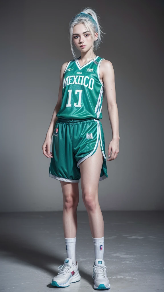 15 year old female ager with white hair up blue eyes and white skin wearing MEXICO NBA uniform full body