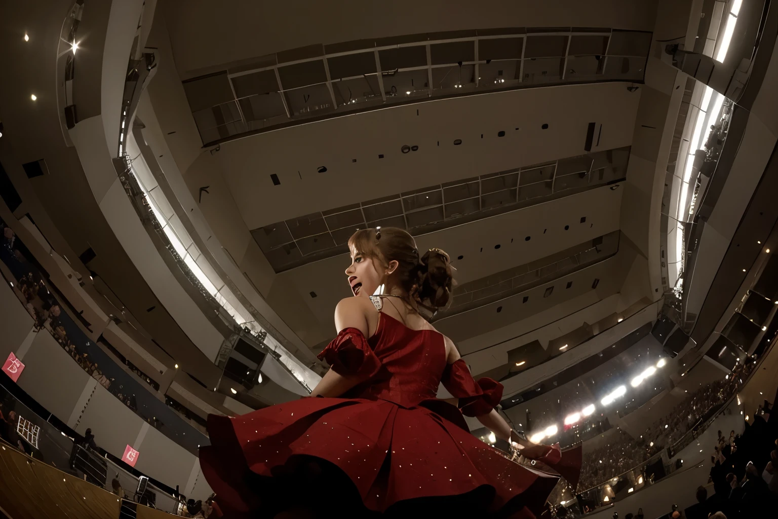 (Best quality, 8k, 32k, Masterpiece, UHD:1.2), "Transform the scene into a massive concert stage inspired by Taylor Swift’s electrifying live performances. Picture an expansive stage set against the backdrop of a packed stadium, filled with thousands of excited fans. The stage itself is a marvel of modern design, featuring multiple levels and platforms connected by sleek, illuminated staircases.
At the center of the stage is a grand, shimmering LED screen displaying vibrant visuals that sync perfectly with the music. Flanking the main screen are additional screens projecting close-up shots of the performers, ensuring every fan feels connected to the action. The stage is adorned with a myriad of sparkling lights and lasers that dance and change colors in time with the beat, creating a mesmerizing visual spectacle.
The sound system is state-of-the-art, with towering speakers that deliver crystal-clear audio, enveloping the audience in the music. Surrounding the stage are intricate, themed set pieces and props that change throughout the concert, reflecting the narrative of each song. For example, during a performance of 'Love Story,' the stage transforms into a fairy-tale castle, complete with twinkling lights and flowing banners.
The lighting design is dynamic and immersive, featuring spotlights that sweep across the audience, creating an atmosphere of unity and celebration. Pyrotechnics and confetti cannons add bursts of excitement, enhancing the theatrical experience. The stage also features extended catwalks that allow the performer to interact closely with fans, creating unforgettable moments of connection.
Capture the essence of Taylor Swift’s concerts, where elaborate stage designs, captivating visuals, and an electric atmosphere combine to create an unforgettable live music experience. The setting should evoke a sense of wonder and excitement, reflecting the grand scale and emotional impact of a concert."