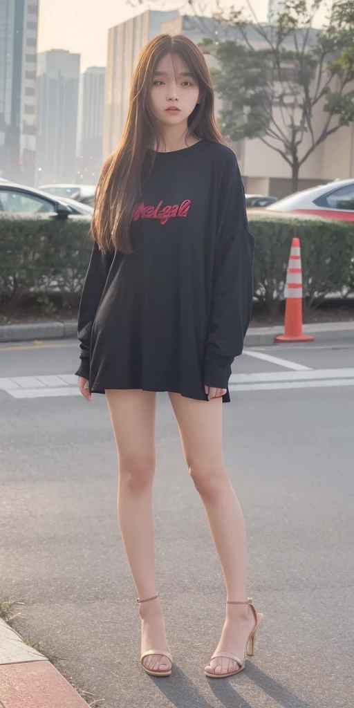 12yo,mix4, 20d, solo, long_hair, shirt, dress, high_heels,full_body, look_at_viewer, (8k, RAW photo, best quality, masterpiece:1.2), (realistic, photo-realistic:1.37), professional lighting, photon mapping, radiosity, physically-based rendering,