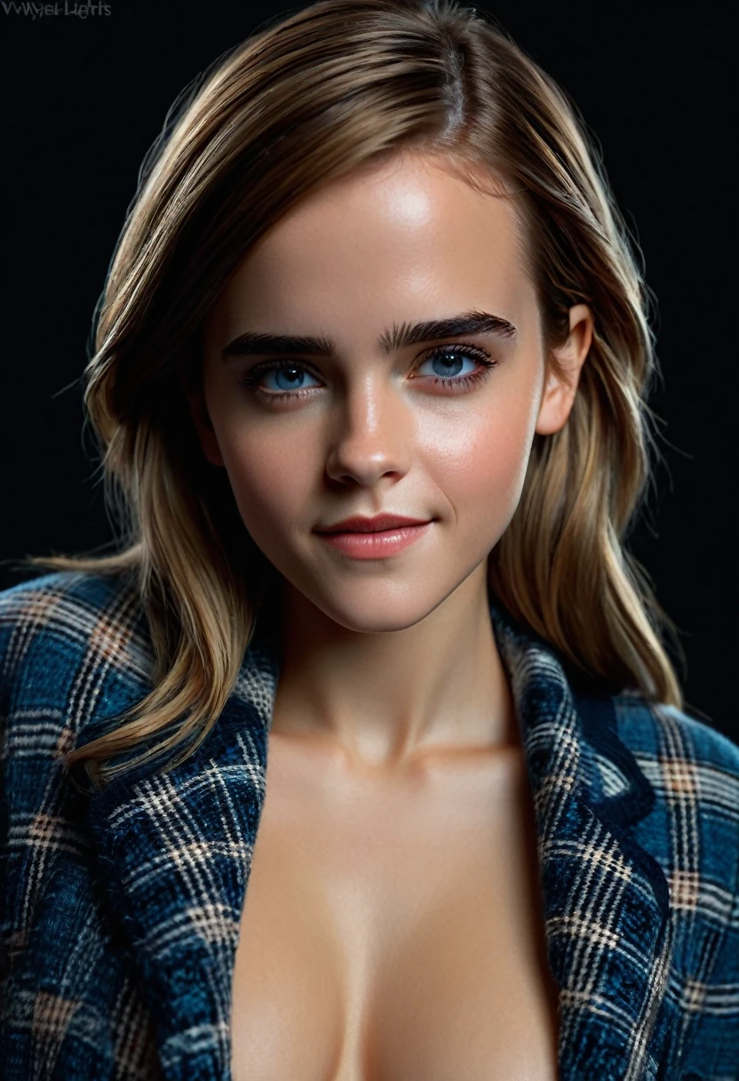 Emma Watson, masterpiece, best quality, Super detailed, facing camera, extremely detailed extremely detailed, actual, sharp features, Very detailed, sharp focus, perfect face, perfect face, Perfect eyes with perfect symmetry, Perfectly plump lips, Flexible female form, cinematic, Cinema lights, Super detailed, hyper actual, masterpiece, Atmospheric, High resolution, energetic, Dynamic studio lighting, (dark background), Sexy face, Facial expressions when you are happy, smile，Long straight hair and one side braid，straight bangs, big breasts, Naked ditch, blue eyes,plaid open sweater,（Hand on jaw），