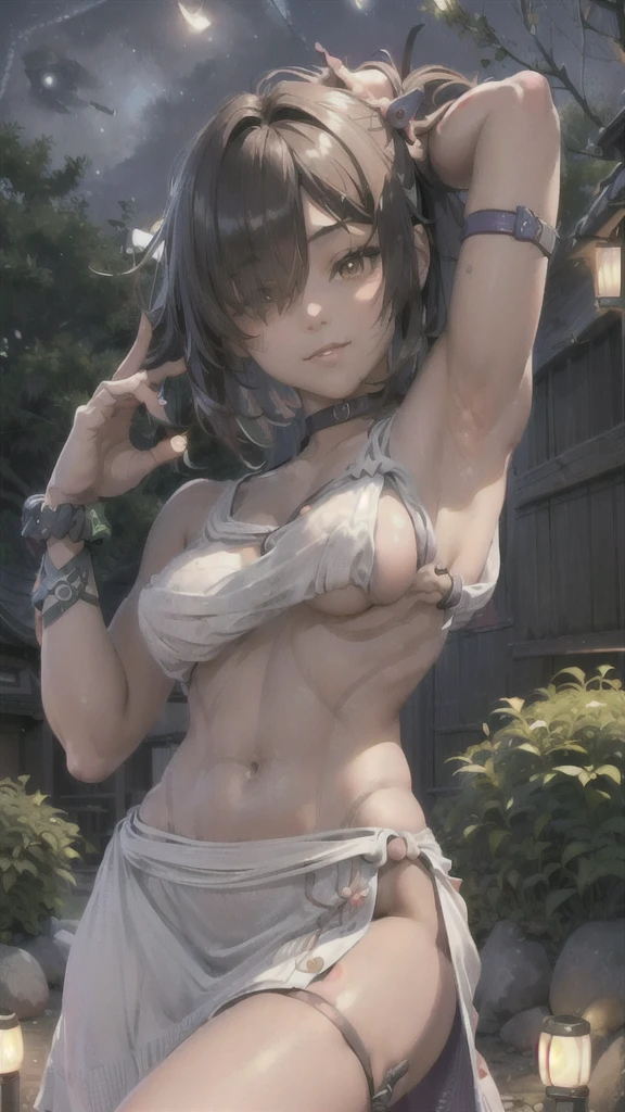 ((64K, UHD, Top Quality, Masterpiece: 1.2), (Realistic, Photorealistic: 1.37), Ultra Detail, (Tokyo, Busy Street, Sunny: 1.2), Professional Lighting, Photon Mapping, Radiosity, Physically Based Rendering, Masterpiece, Rich Detail, (Fine Face),(Fine Eyes), (Clear Face), (Detailed Face Description), (Detailed Hand Description), ( masterpiece), realistic, extreme light and shadow, shiny skin,shiny hair, one girl, 18 years old, Japan, cute, (sexy smile,happy:1.3),(gradient brown hair, short hair, ponytail:1.2),small tall, slender: 1.2, double, disheveled hair, fine clavicle, clavicle, (small breast, flat chest:1.37),(dynamic pose, cowboy shot: 1.3), (knitted deep V-neckline slip dress, micro mini, sideboob, bare waist, bare armpit, cleavage: 1.2), face focus, ((夜:1.8))