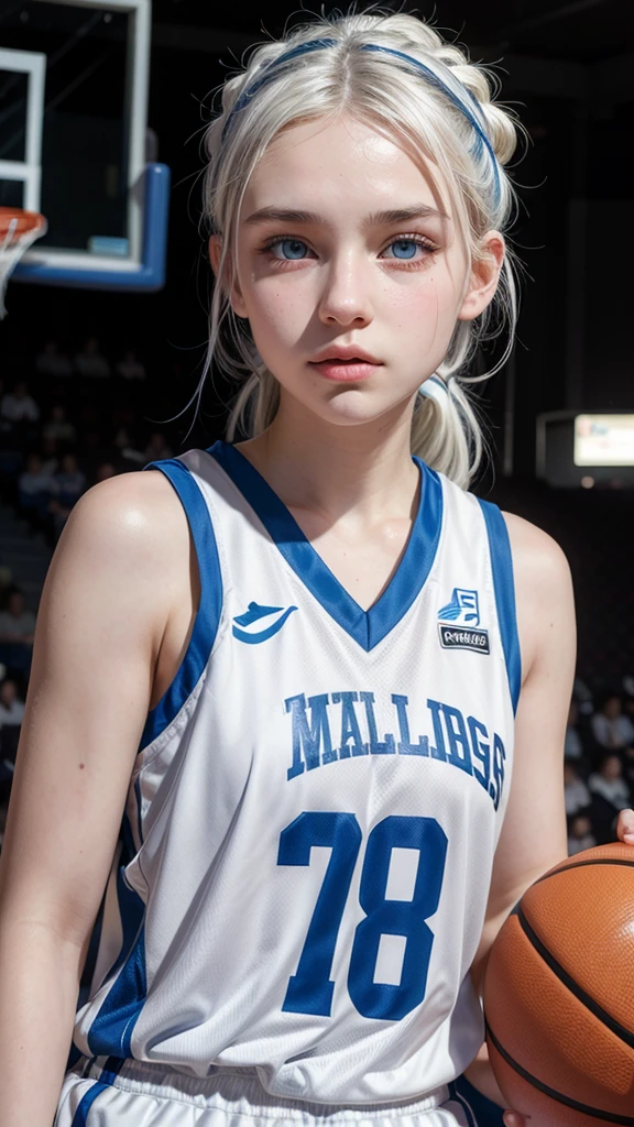 14 year old girl with white hair up, light blue eyes, white skin basketball player smiling hugging teammate full body