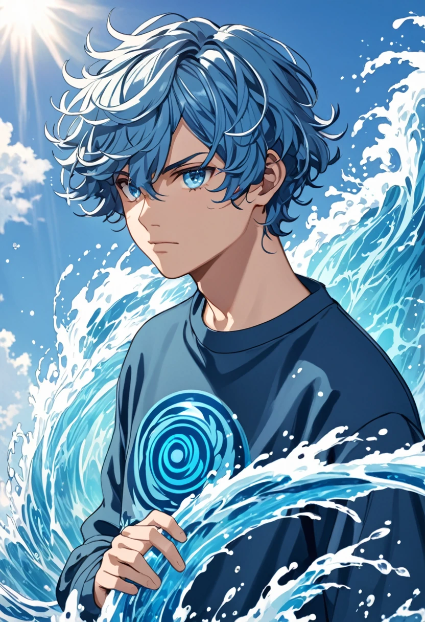Teenage man, blue wavy short hair, blue colored eyes, water elemental power, sweatshirt