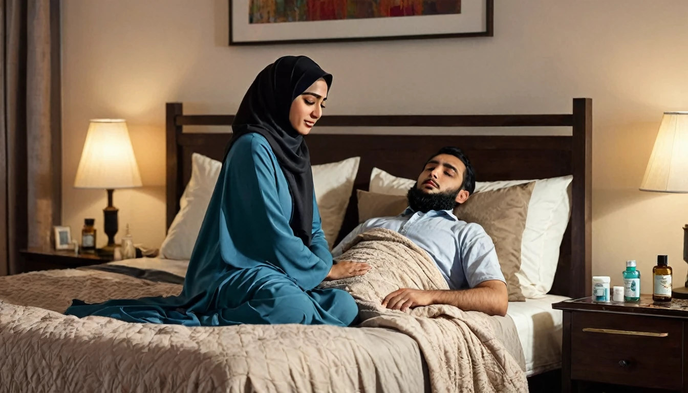 Create an image of Ms. A, a young Muslim woman, in her late 20s, with a modest outfit and a hijab. She is in the bedroom, massaging Adul, her husband, who appears to be unwell. Adul is lying on the bed, covered with a blanket, and Ms. A is sitting beside him, gently massaging his shoulders with a concerned and caring expression. The bedroom is cozy with soft lighting, a neatly made bed, and a bedside table with a lamp and some medicine bottles. The scene conveys a sense of care and tenderness.
