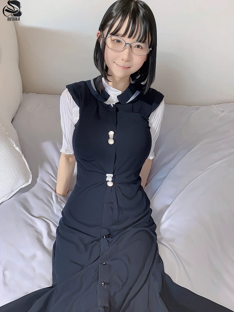 masterpiece、Highest quality、8K、girl、alone、Realistic、View your viewers、Black Hair、Glasses、Simple Background、smile、Big Breasts、whole body、One-piece dress with buttons and collar、Slender、Thin and beautiful legs、 the bed