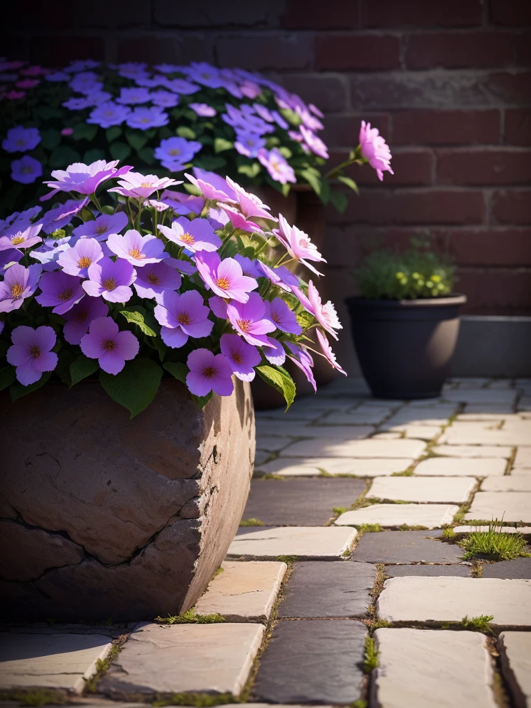 Purple flowers in pot on stone floor,The background is a brick wall,nice images, Beautiful flowers, Beautiful flowers,Background Depth of Field