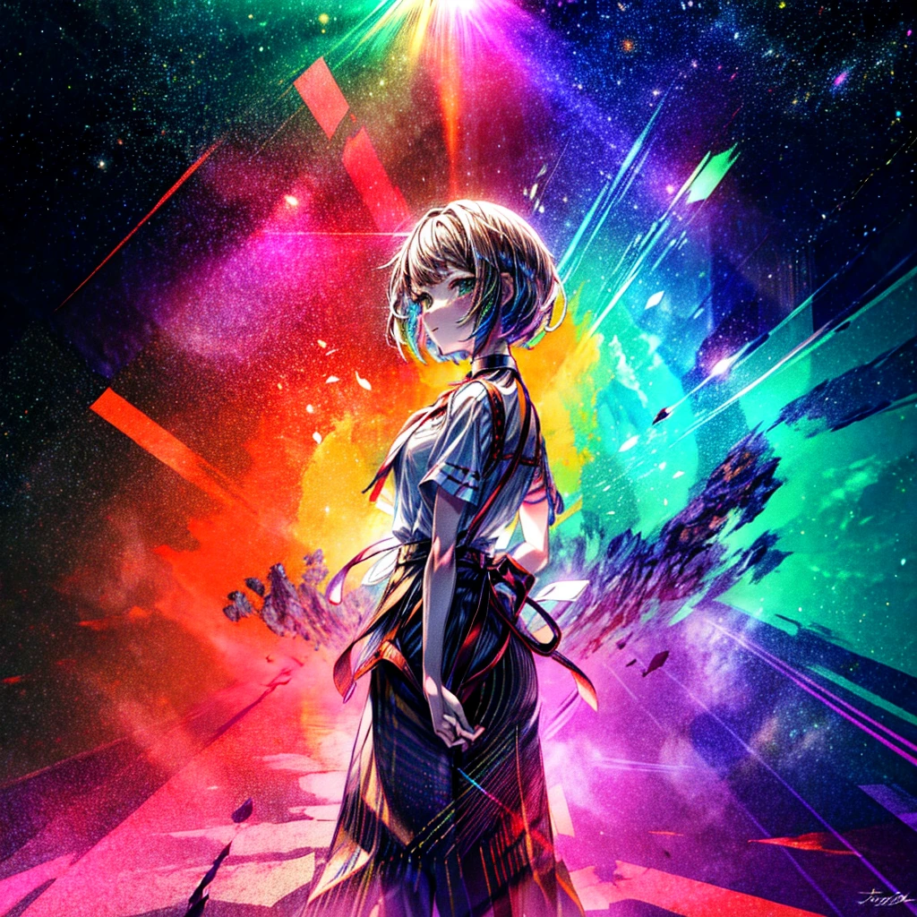This is a high definition anime portrait (8k) which features a girl with green eyes that stand out, She is tall with prominent curves and a choker, looking directly at the camera. Her hair is a vibrant mix of red on the outside and violet on the inside., with patterns and a stellar glow that suggests a space and starry background. The image has a detailed art style, with influences from artists such as Ilya Kuvshinov and Krenz Cushart, and is characterized by its colorful and cheerful expression.