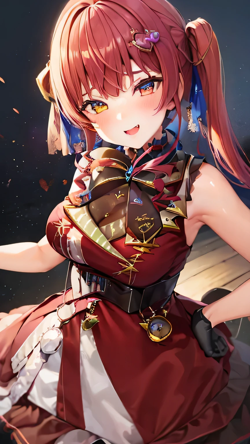 (((Girl holding a smartphone in her hand))), (Very large breasts), (Surreal), (High resolution), (8K), (Very detailed), (Highest quality), (Super detailed), (masterpiece), (Detailed face), alone, 1 Girl, Smiling, Odd Eye, Right eye is red, Left eye yellow, The whole body is shown, Hololive, (Houshou Marine), Twin tails, Red Hair, Torn