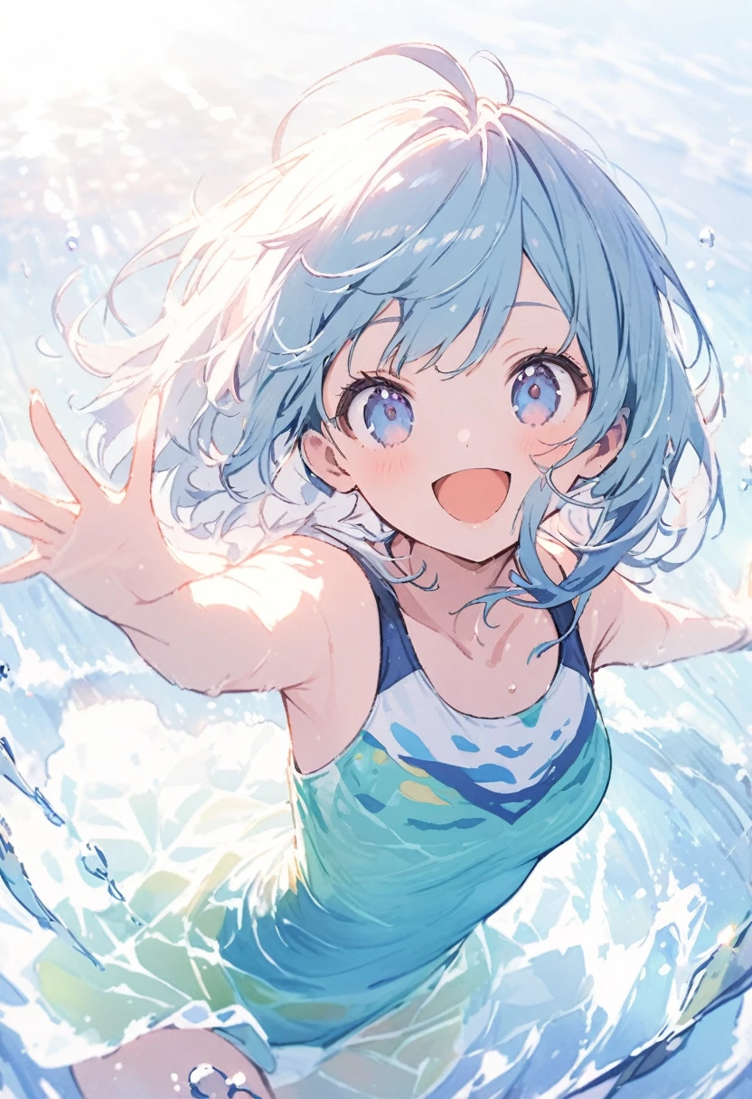 beautiful girl　(1girl, cute, charming girl, clear:1.3)　high resolution　High Resolution　Fine Touch Outline　(fantastic illustration, beautiful detail, clear, best quality:1.3), watercolor, beautiful detail, swim wear, swimming in the sea, clear water, smile, enjoy summer, sunshine, beautiful illustration