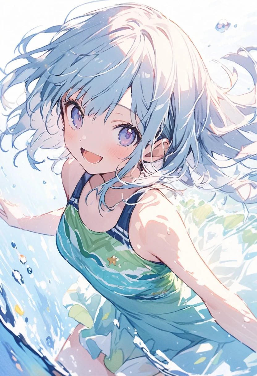 beautiful girl (1girl, cute, charming girl, clear:1.3) high resolution High Resolution Fine Touch Outline (fantastic illustration, beautiful detail, clear, best quality:1.3), watercolor, beautiful detail, swim wear, swimming in the sea, clear water, smile, enjoy summer, sunshine, beautiful illustration