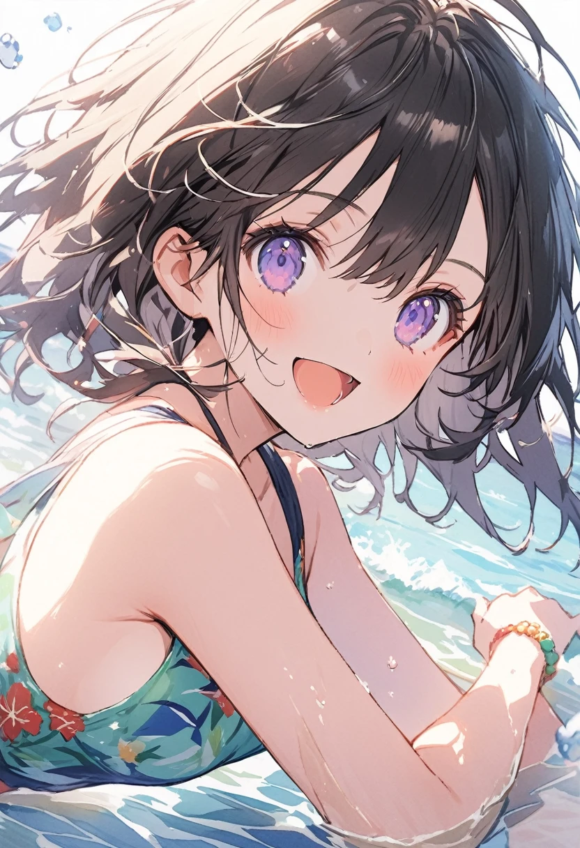 beautiful girl (1girl, cute, charming girl, clear:1.3) high resolution High Resolution Fine Touch Outline (fantastic illustration, beautiful detail, clear, best quality:1.3), watercolor, beautiful detail, swim wear, swimming in the sea, clear water, smile, enjoy summer, sunshine, beautiful illustration