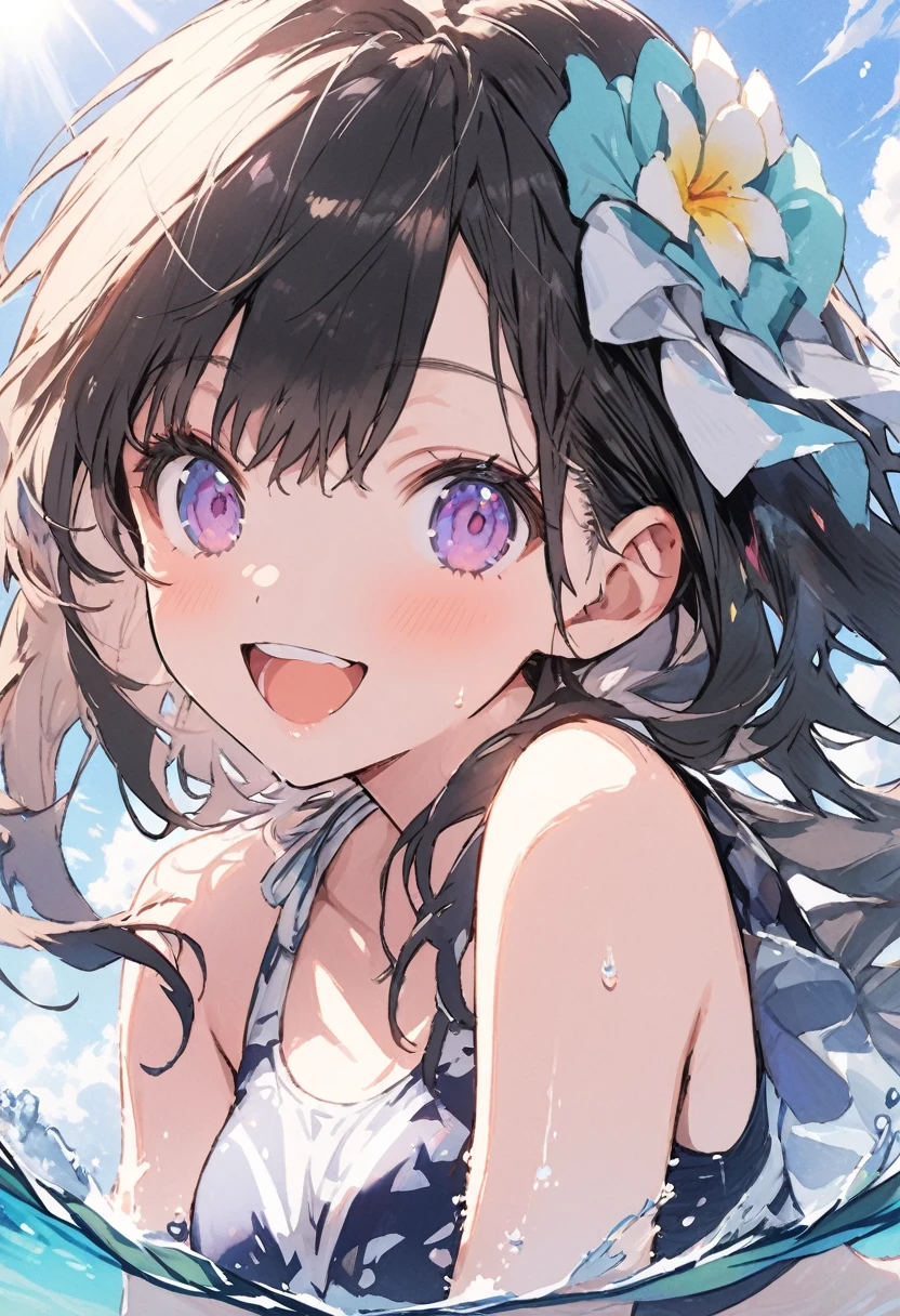 beautiful girl (1girl, cute, charming girl, clear:1.3) high resolution High Resolution Fine Touch Outline (fantastic illustration, beautiful detail, clear, best quality:1.3), watercolor, beautiful detail, swim wear, swimming in the sea, clear water, smile, enjoy summer, sunshine, beautiful illustration