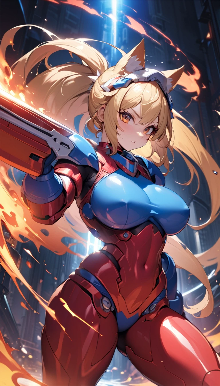 Masterpiece, exquisite and detailed, 4k, 8k, high resolution, hightech fantasy style inspired by the design of Megaman, an anthro wolf reploid goddess with long blonde ponytail hair, helmet and red armor with white details, fierce, curvy, wielding a large flaming sword, posing next to the sword, dynamic light , cinematic BG, highly detailed