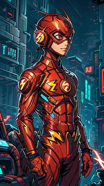 best quality,masterpiece,1boy,solo,(((13years old))),japanese boy,an extremely cute and handsome boy,highly detailed beautiful face and eyes,petit,cute face,lovely face,baby face,shy smile,show teeth, Blonde hair,Short hair,flat chest,skinny,slender,(((wearing a The Flash costume,red helmet, red domino mask))),(((standing in Dark Midnight Neon Glow light Cyberpunk Gotham City))),he is looking at the viewer,