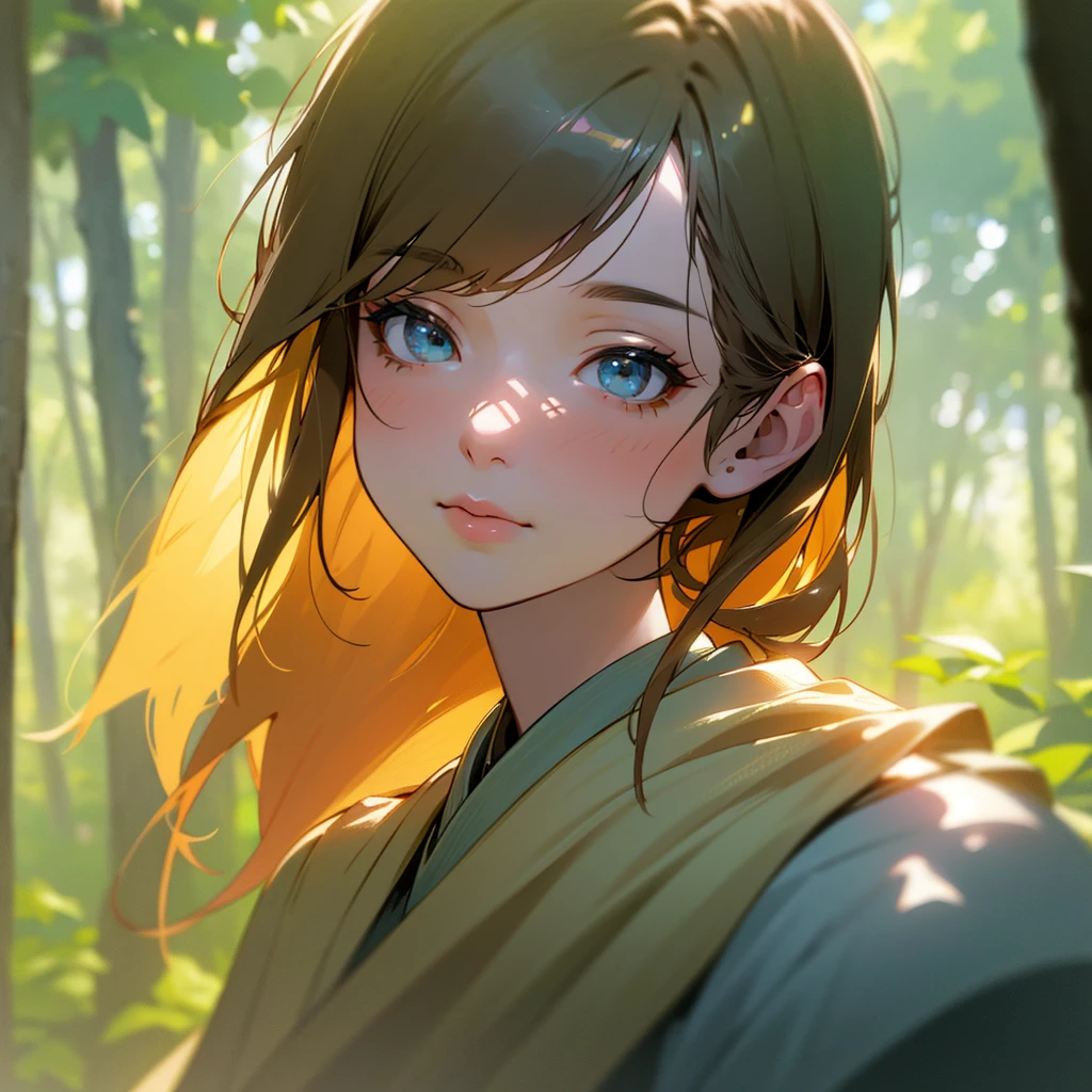 a beautiful detailed anime girl in a spacious forest, detailed eyes, detailed face, detailed skin, beautiful detailed hair, beautiful detailed clothing, sunlight filtering through trees, colorful flowers, lush greenery, serene atmosphere, (best quality,4k,8k,highres,masterpiece:1.2),ultra-detailed,(realistic,photorealistic,photo-realistic:1.37),detailed environment, dynamic pose, depth of field, warm color tones, natural lighting, intricate details