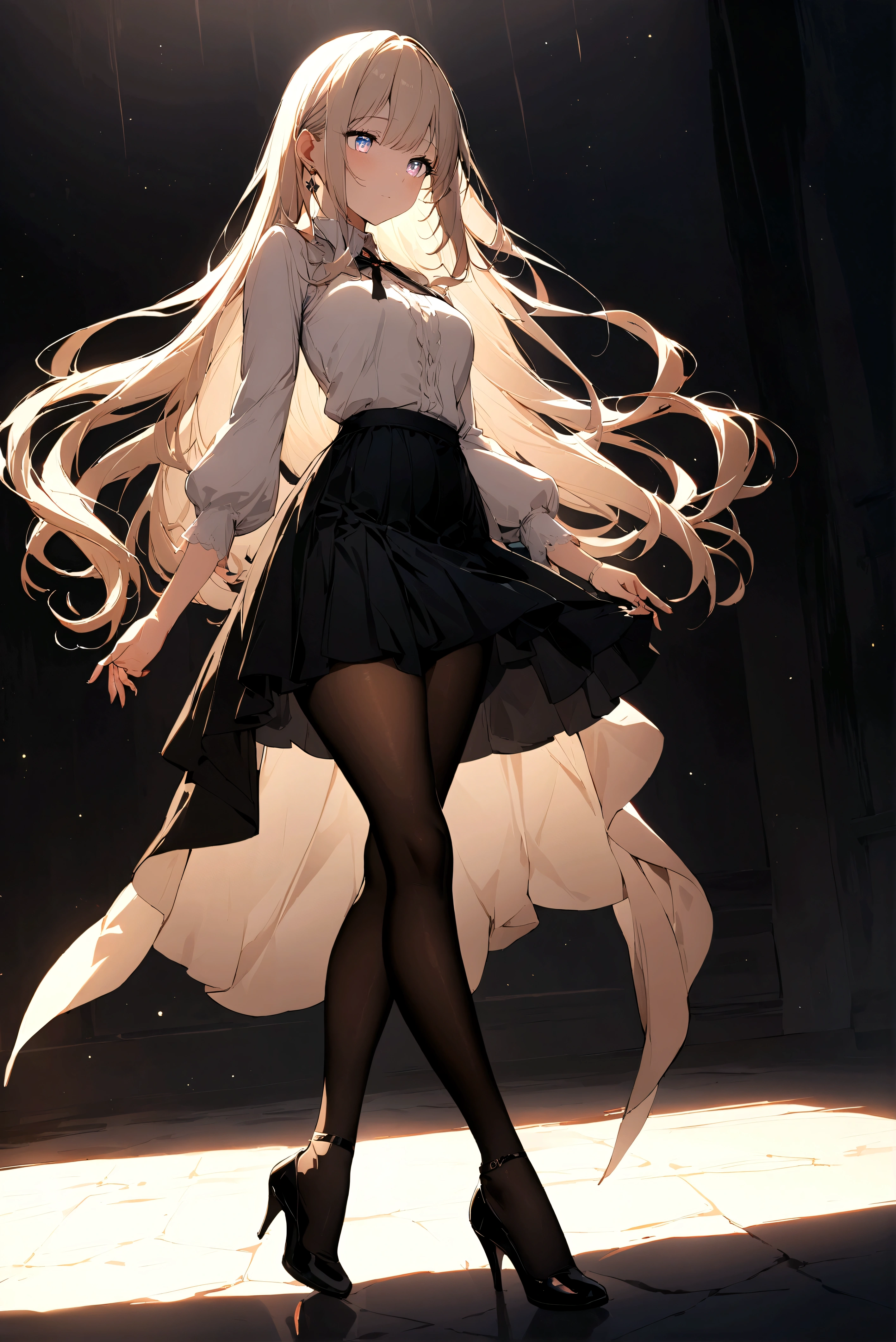 best quality, masterpiece, 1girl, full body, an extremely delicate and beautiful girl, 8k wallpaper, beautiful detailed eyes, beautiful detailed glow, cinematic lighting, hose, skirt, high heels, long smooth hair